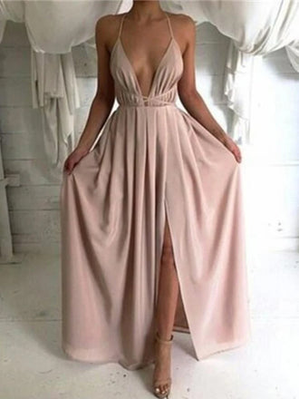 Long Spaghetti Strap Deep V-neck High Split Side Backless Sleeveless Popular Tie Prom Dress,PD0024