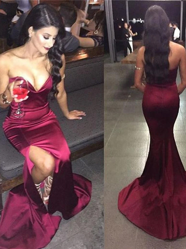 Simple Cheap Strapless Mermaid Sweetheart High Side Slit Chapel Trailing Long Evening Prom Dresses,PD0167