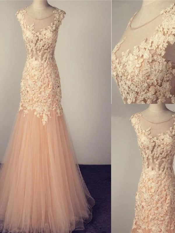 Long A-line Pink Cap Sleeve Scoop Neck Tulle With Lace Appliques Prom Dresses,PD0138
