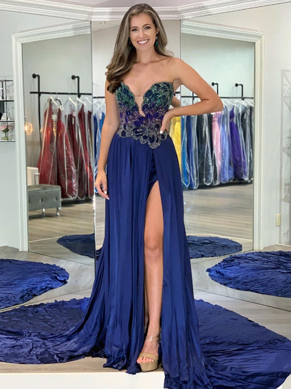 Sexy Sweetheart Side Slit Prom Dresses Evening Dresses With Long Train.DB10788