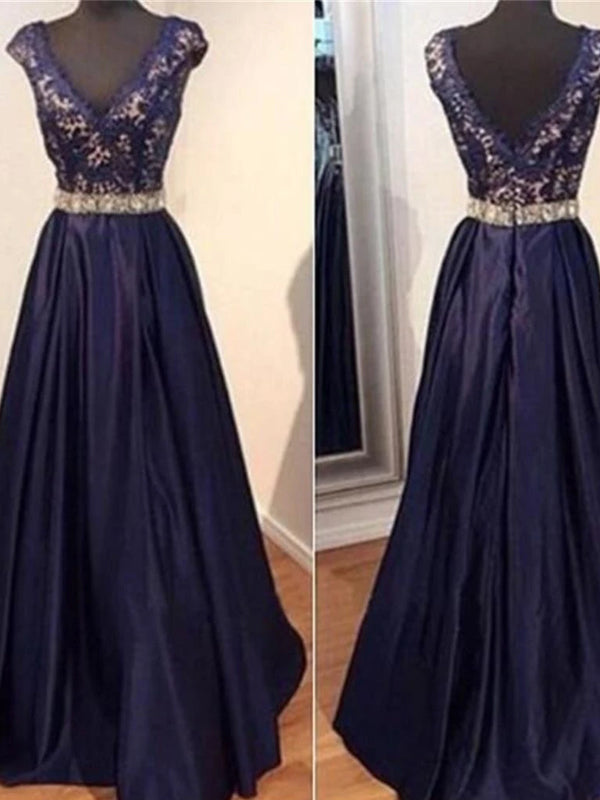 Long Navy Blue Lace Appliques V-neck A-line Elegant Cap Sleeve Evening Party Formal  Prom Dress,PD0176