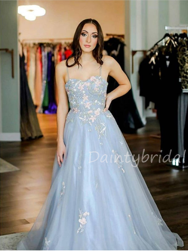 Charming Spaghetti Strap A-line Tulle Long Prom Dresses Evening Dresses.DB10533