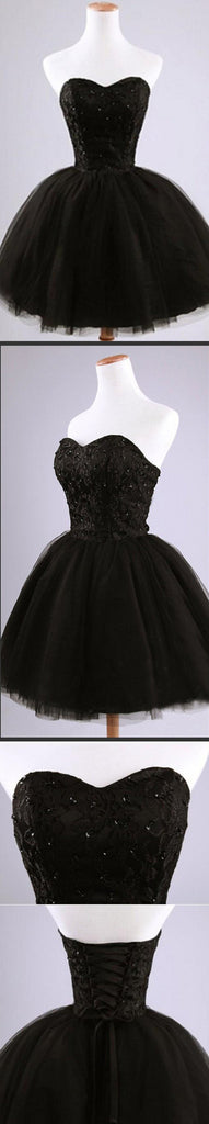 Lovely Black Lace Beads Strapless Sweetheart Juliet Tulle Skirt Mini Homecoming Dresses, CM0024