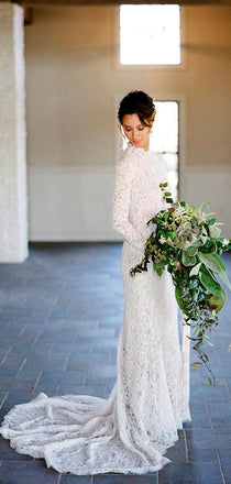 Vintage Fully Lace See Through Open Back Long Sleeves Elegant Wedding Dresses,DB0153
