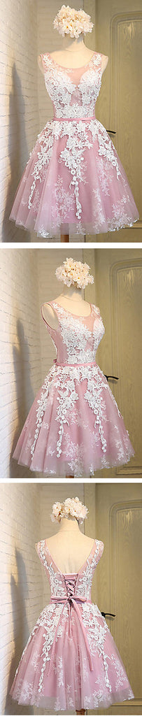 Off shoulder scoop neckline see through short pink homecoming dresses, CM0025