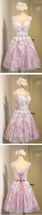 Off shoulder scoop neckline see through short pink homecoming dresses, CM0025