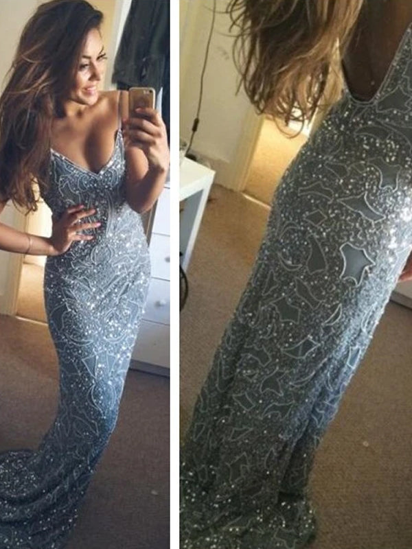 Spaghetti Straps Sexy Backless V-neck Charming Beading Long Column Sweep Trailing Party Prom Dress,PD0057