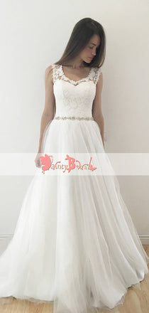 Simple Charming See-through Lace Unique Open Back A-line With Beaded Sash Wedding Dresses,DB0127