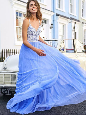 Charming V-neck Tulle  A-line Long Prom Dresses Evening Dresses.DB10613