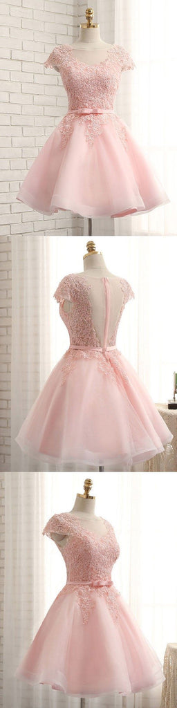 Newest Pink Lace Cap Sleeve A-line Yarn Back With Bow Sash Pretty Junior Homecoming Dress,BD0140