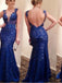 Long Royal Blue Full Lace Sleeveless Mermaid Sexy Backless Evening Party Prom Dresses,PD0110