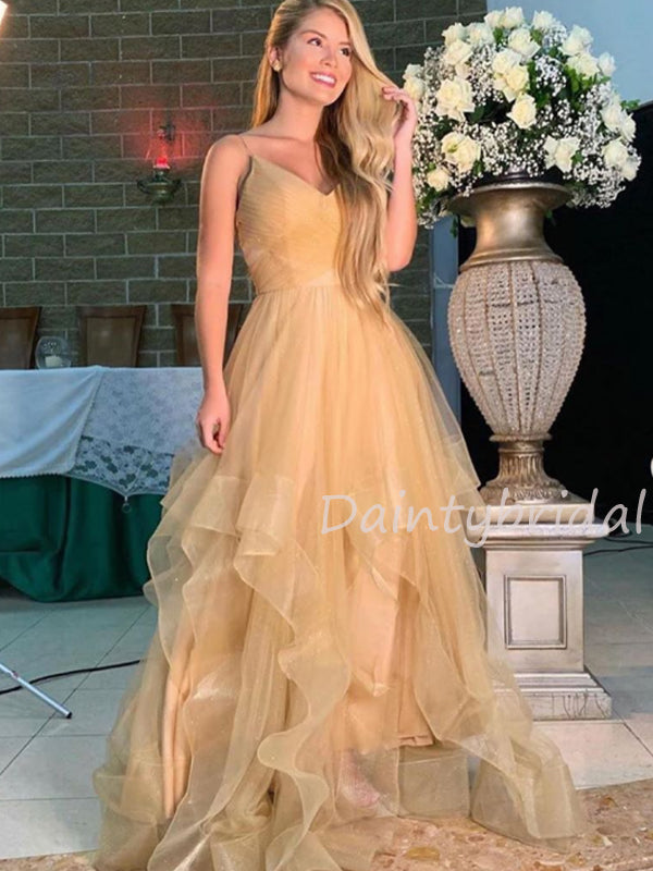 Sexy V-neck Tulle A-line Long Prom Dresses Evening Dresses.DB10453