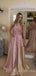 Charming V-neck Satin With Lace A-line Long Prom Dresses Evening Dresses.DB10364