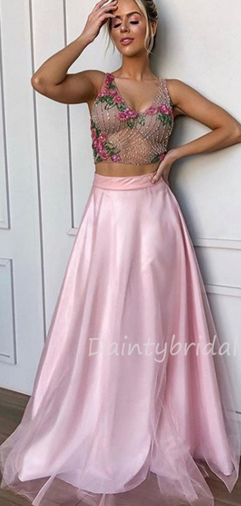 Sexy V-neck A-line Tulle Two Piece Long Prom Dresses Evening Dresses.DB10434