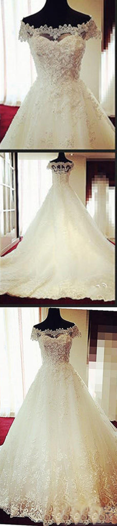 Gorgeous A-line Off Shoulder Cap Sleeve Vintage Lace Chapel Trailing Wedding Party Dresses, WD0004