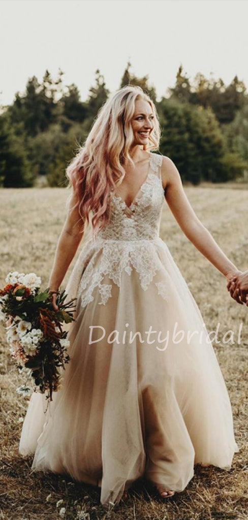 New Arrival V-neck Lace Tulle Sleeveless A-line Long Wedding Dresses.DB10474
