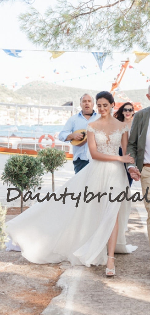 Charming Off-shoulder Simple Lace Chiffon Side Slit Vintage Wedding Dresses, DB10735