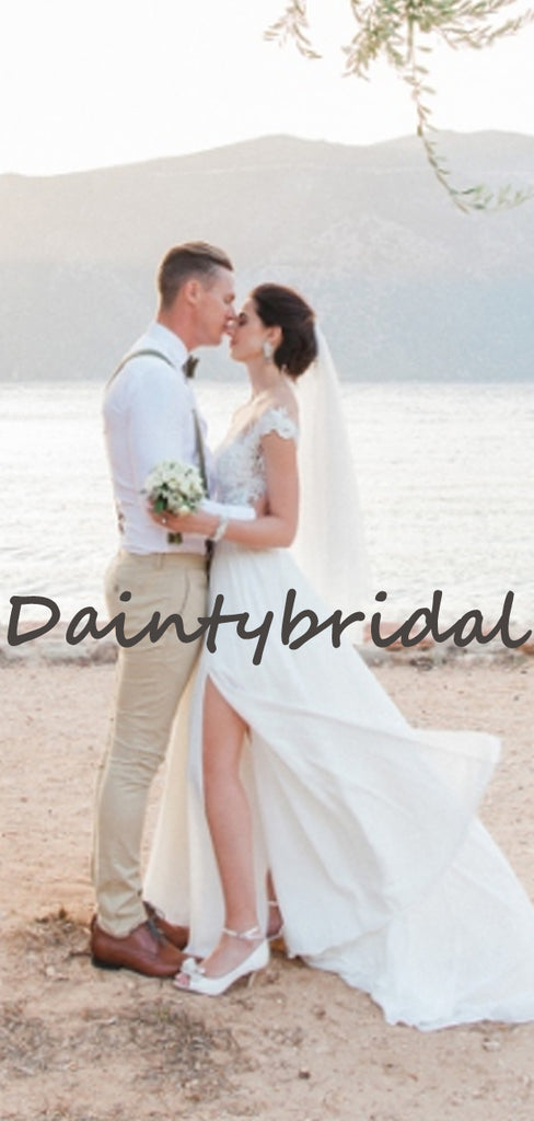 Charming Off-shoulder Simple Lace Chiffon Side Slit Vintage Wedding Dresses, DB10735