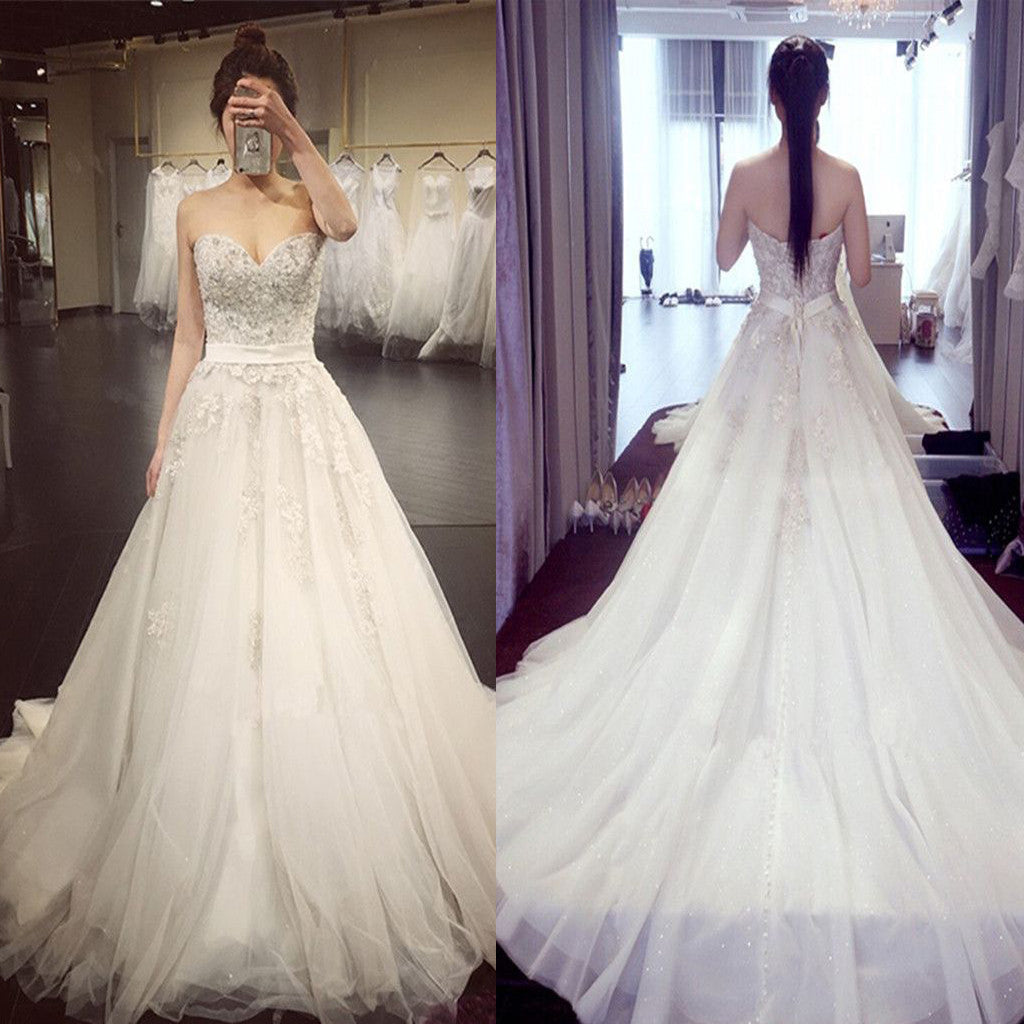 Vintage Princess Strapless Sweetheart Lace Beads Large Chiffon Train Ball Gown  Wedding Dresses. WD0262