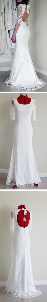 Popular Half Sleeve Sexy Long Mermaid Scoop Neck Open Back White Lace Wedding Party Dress, WD0041