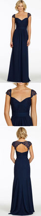 Lace Cap Sleeve Queen Anne Open Back Sweetheart Chiffon Navy Blue Long Bridesmaid Dresses, WG43