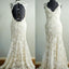 Vintage Beige Lace Open Back Queen Anne Long Column Full Lace Sweep Trailing Wedding Party Dresses, WD0042
