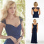 Lace Cap Sleeve Queen Anne Open Back Sweetheart Chiffon Navy Blue Long Bridesmaid Dresses, WG43