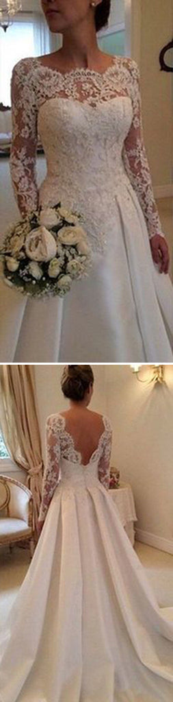 Long A-line Bateau Neck V-back  Long Sleeve Clairvoyant Outfit Lace Top Satin Wedding Party Dresses, WD0043