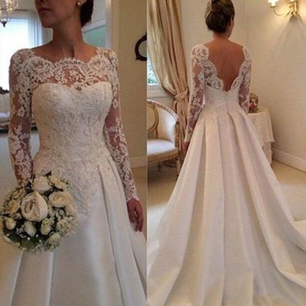 Long A-line Bateau Neck V-back  Long Sleeve Clairvoyant Outfit Lace Top Satin Wedding Party Dresses, WD0043