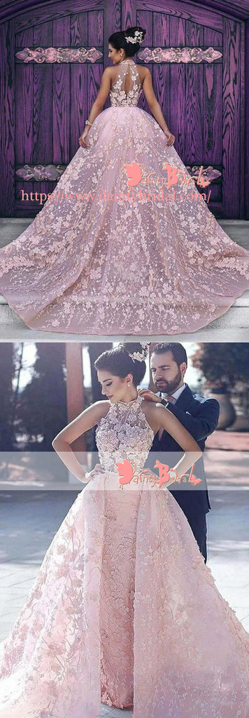 Blush Pink Lace Appliques High Neck Sleeveless Gorgeous Princess Ball Gown Prom Dresses. DB1051