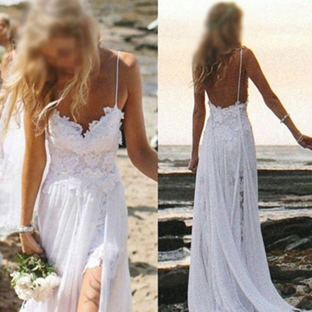 Simple Summer Spaghetti Strap Backless White Lace  Appliques Split Side  Wedding Dresses For Beach Wedding, WD0047