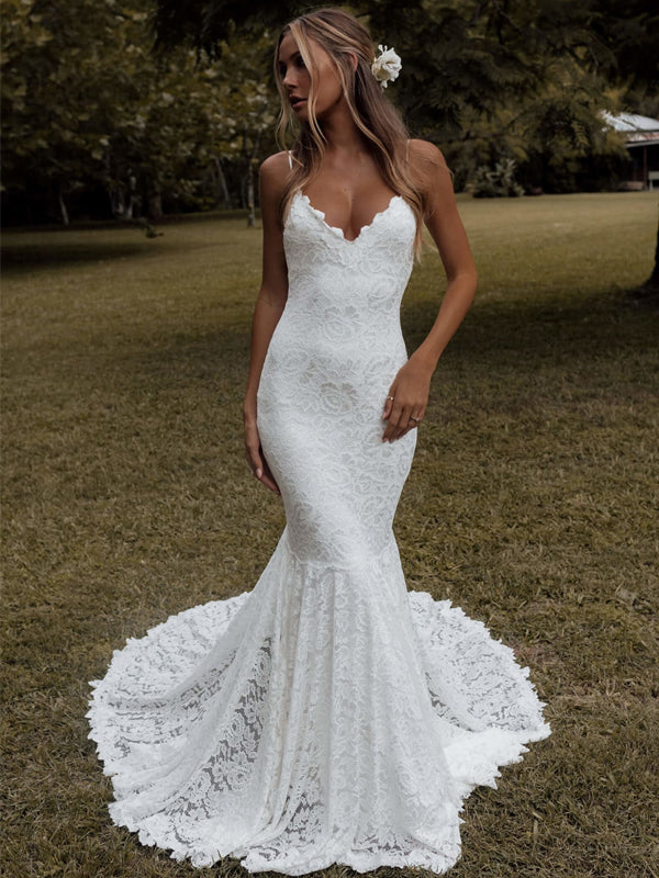 Sexy Simple Mermaid V-neck Lace Spaghetti Strap Long Wedding Dresses E – DaintyBridal Sexy Simple Mermaid V-neck Lace Spaghetti Strap Long Wedding Dresses E – DaintyBridal
