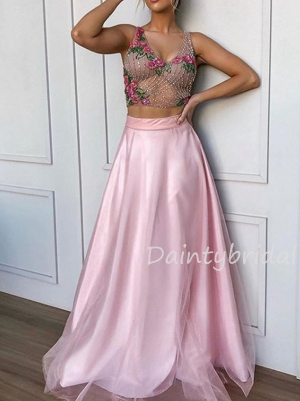 Sexy V-neck A-line Tulle Two Piece Long Prom Dresses Evening Dresses.DB10434