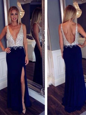 Long Custom Deep V-neck Open Back Side Slit Fashion Newest Sexy Charming Prom Dress,PD0088