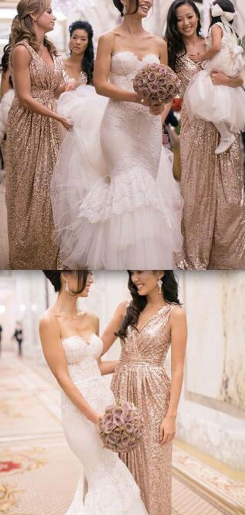 Popular Sparkly Shinning Full Sequin Sleeveless Column Pleats V-Neck Long Floor-Length Bridesmaid Dresses, WG09