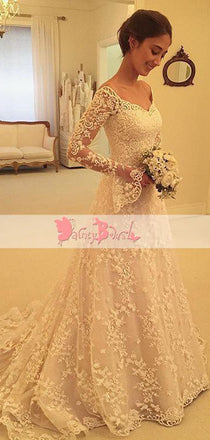 Gorgeous Lace Appliques Unique Long Flare Sleeve A-Line With Chapel Train Wedding Dresses,DB0125