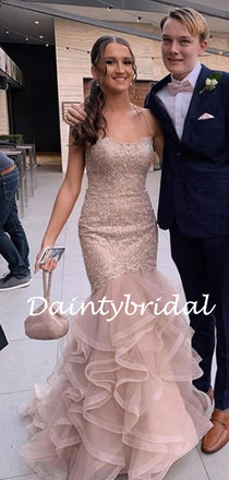 Simple Straight Spaghetti Strap Lace Mermaid Tulle Prom Dresses.DB10805