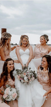 Charming Asymmetric Tulle With Appliques Long Bridesmaid Dresses.DB10652