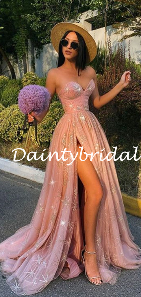 Sexy Sweetheart Side Slit Tulle Lace A-line Prom Dresses Evening Dresses.DB10800