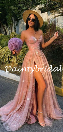 Sexy Sweetheart Side Slit Tulle Lace A-line Prom Dresses Evening Dresses.DB10800