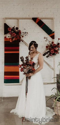 Sexy V-neck Tulle With Lace Open Back Wedding Dresses With Appliques,DB10265