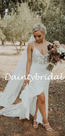 Simple Spaghetti Strap Tulle Lace Side Slit Long Wedding Dresses.DB10780