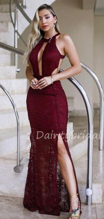 Charming Halter Mermaid Side Slit Tulle Lace Open Back Long Prom Dresses Evening Dresses.DB10485