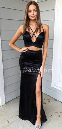 Mermaid Side Slit Satin Long Evening Dresses Prom Dresses.DB10515