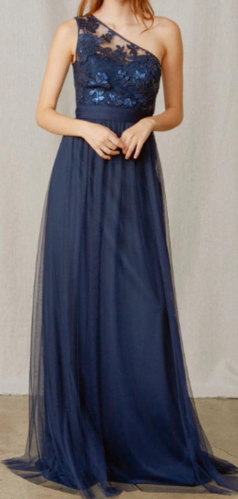 Charming Asymmetric Tulle With Appliques Long Bridesmaid Dresses.DB10652