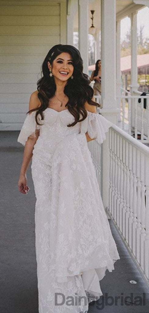 Gogerous Off-shoulder Lace Sweep Train Long Wedding Dresses.DB10143