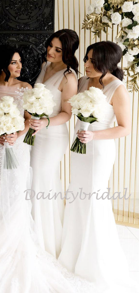 Simple Sweetheart V-neck Tulle Mermaid White Long Bridesmaid Dresses,DB094
