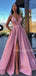 Charming V-neck A-line Satin Side Slit Long Prom Dresses Evening Dresses.DB10414