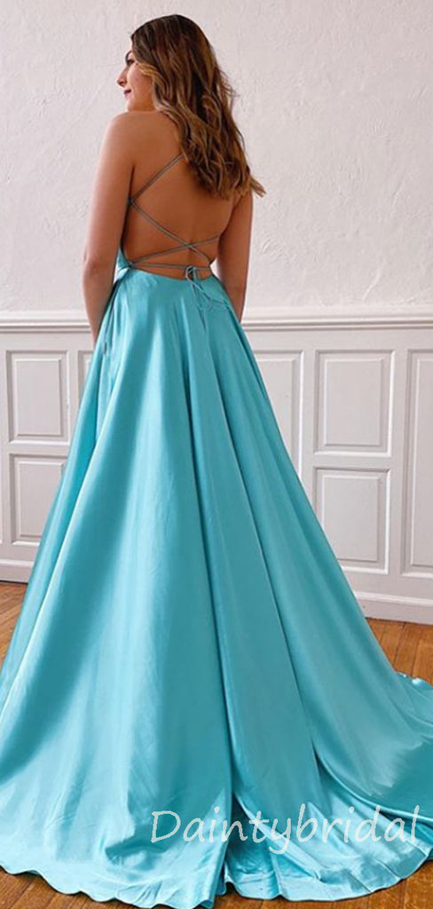 Charming V-neck A-line Open Back Long Prom Dresses Evening Dresses.DB10365
