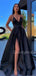 Charming V-neck A-line Satin Side Slit Long Prom Dresses Evening Dresses.DB10414